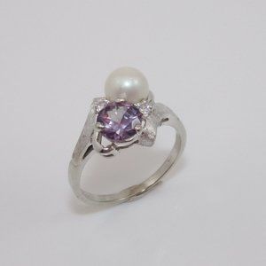 Vintage 10K White Gold Pearl Purple Sapphire White Spinel Ring Size 6